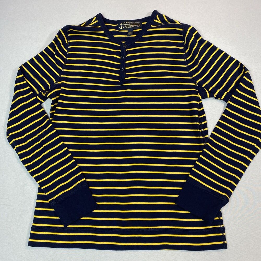 Lauren Jeans Company Navy & Yellow Stripe Y2K Henley Top Long Sleeve Nautical L